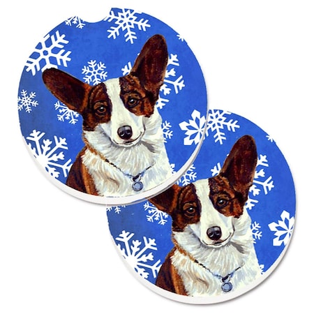 Carolines Treasures Corgi Winter Snowflakes Holiday Set of 2 Cup Holder Car Coaster LH9288CARC